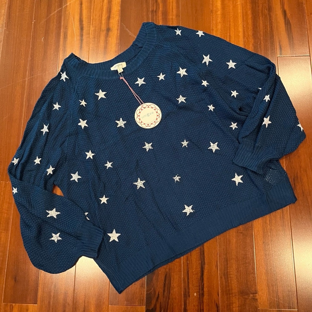 Umgee Star Print Sweater Peacock Navy Blue Long Sleeve Textured Knit New Medium